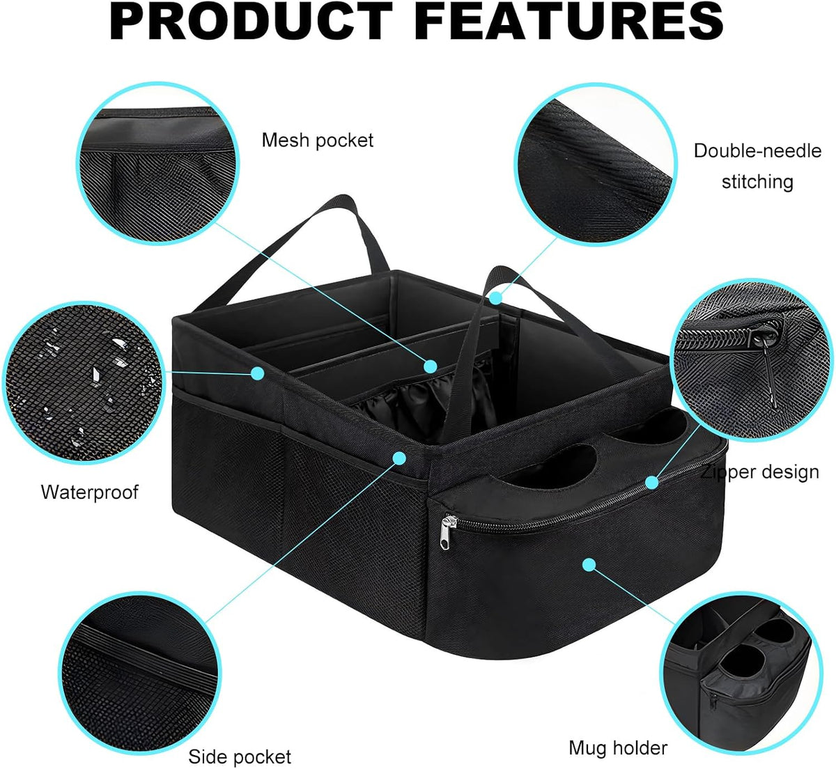 Car Passenger Seat Organizer, Collapsible Oxford Fabric Car Organizer with Partitions & 2 Cup Holders, Multi-Purpose Large Capacity Storage Box for Front & Back Seats