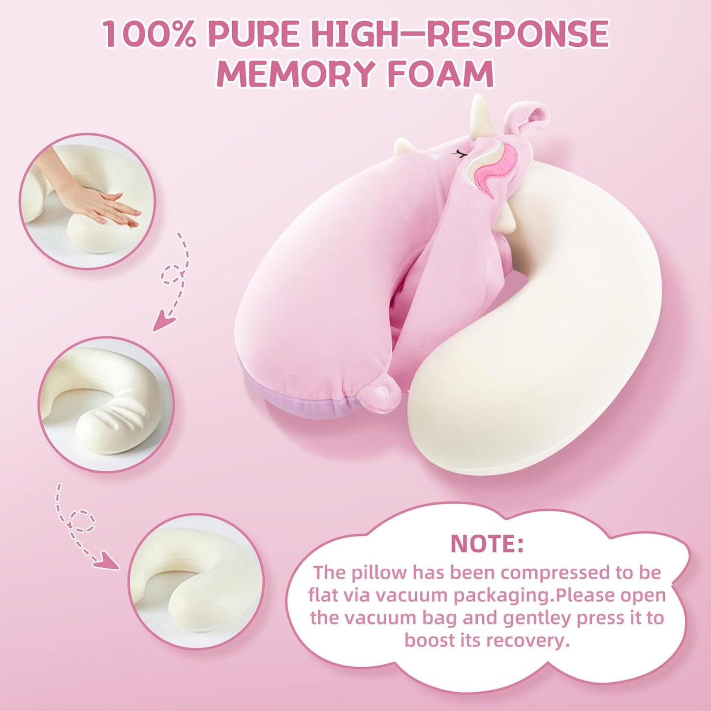 Kids Neck Pillow, Unicorn Kids Travel Neck Pillow for Traveling with Eye Mask, Toddler Travel Essentials for Road Trip Airplane Car Seat, Cute Headrest Memory Foam Pillows for Girl Gift (Pink)