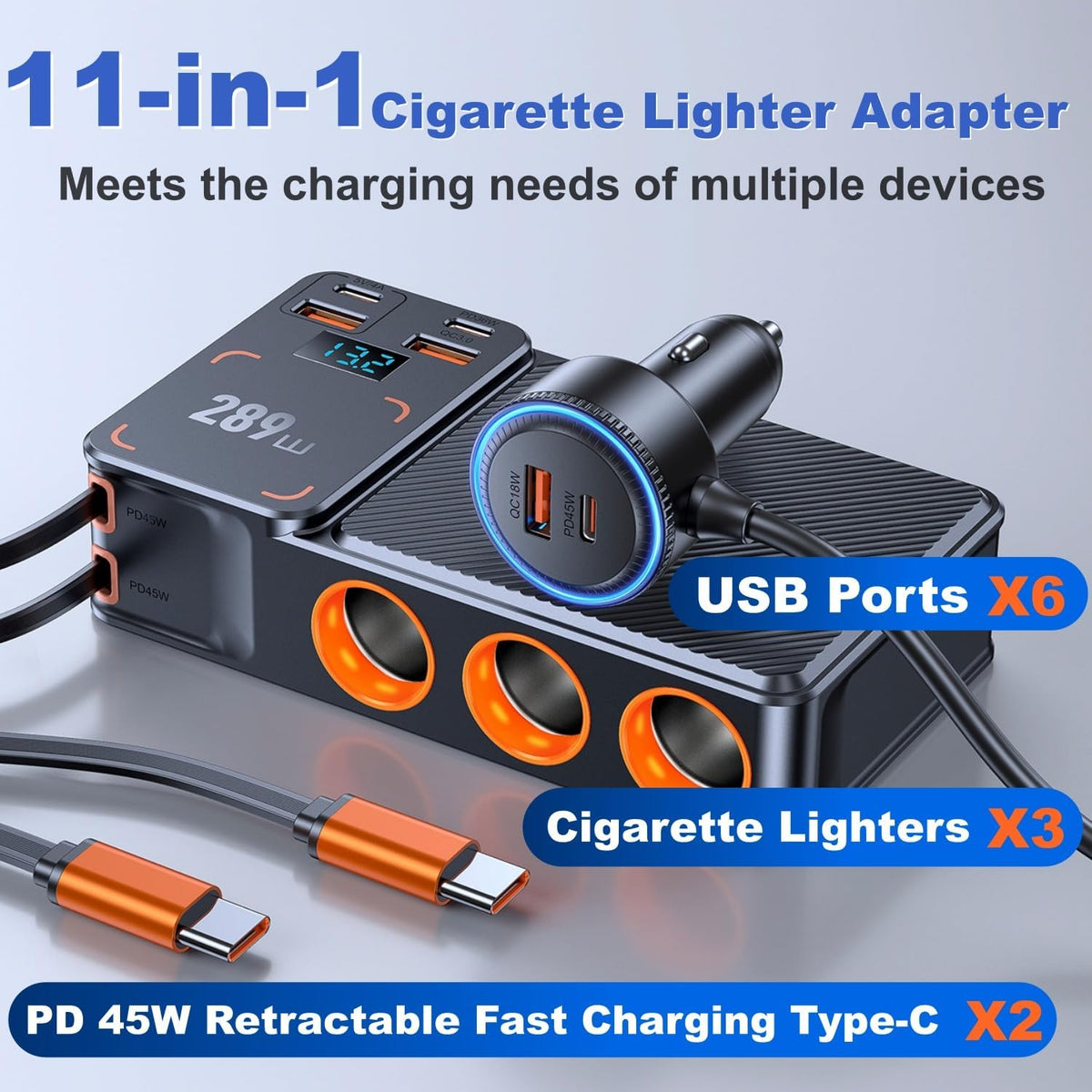 289W 11 in 1 Cigarette Lighter Splitter, 3 Sockets, 8 USB, PD45W *3, QC3.0