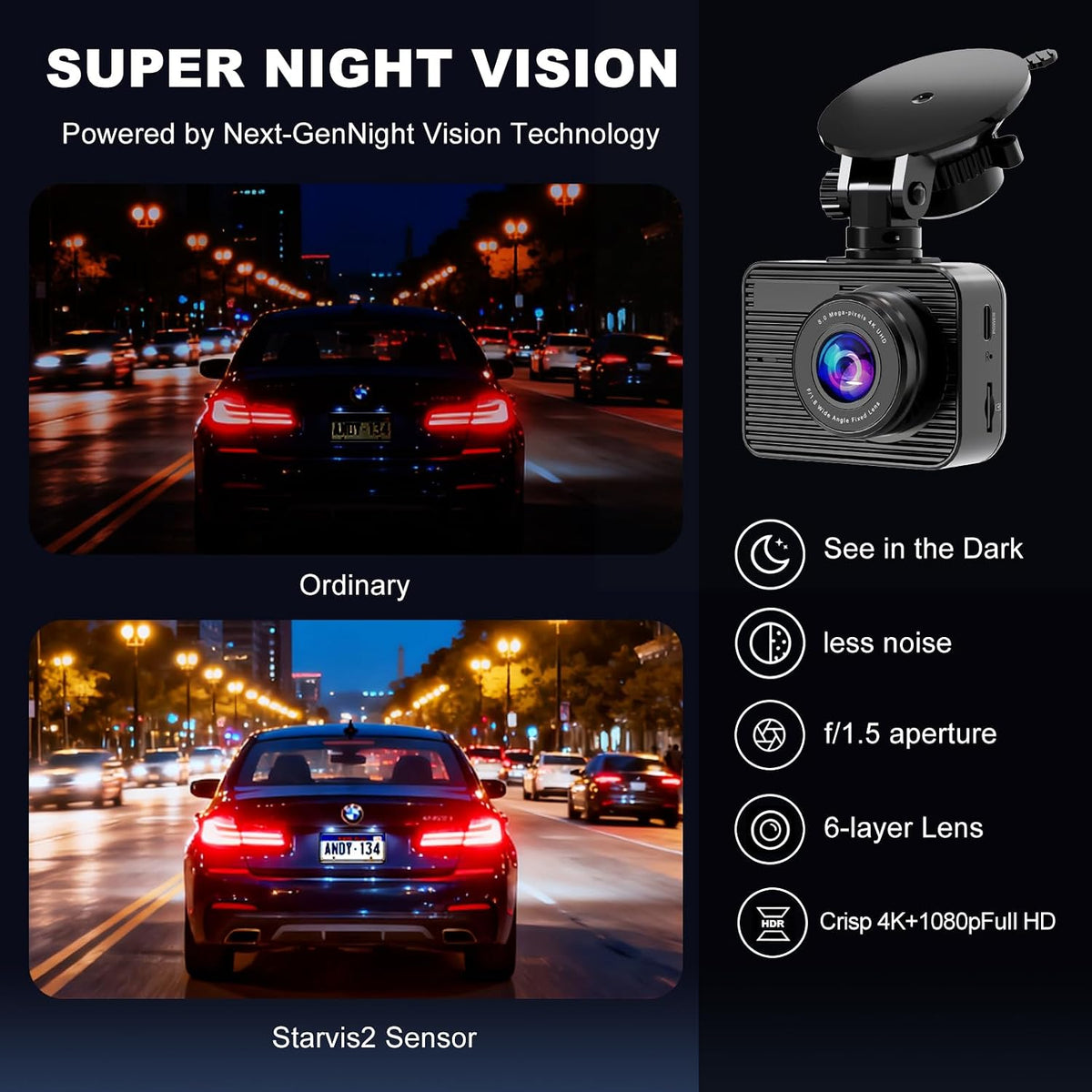 4K Dash Cam Front and Rear with STARVIS 2 Night Vision, Built-in GPS WiFi, 1080P Rear Camera, 3" IPS Screen, 24H Parking Monitor, Loop Recording, Support 512GB Max for Cars Trucks