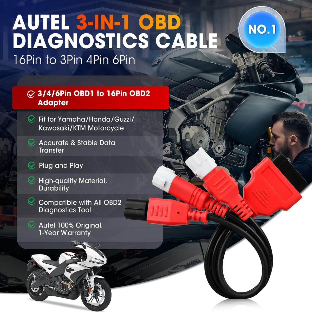 Autel Original 3-in-1 OBD2 Adapter Cable,16 Pin to 6/4/3 Pin OBD Diagnostic