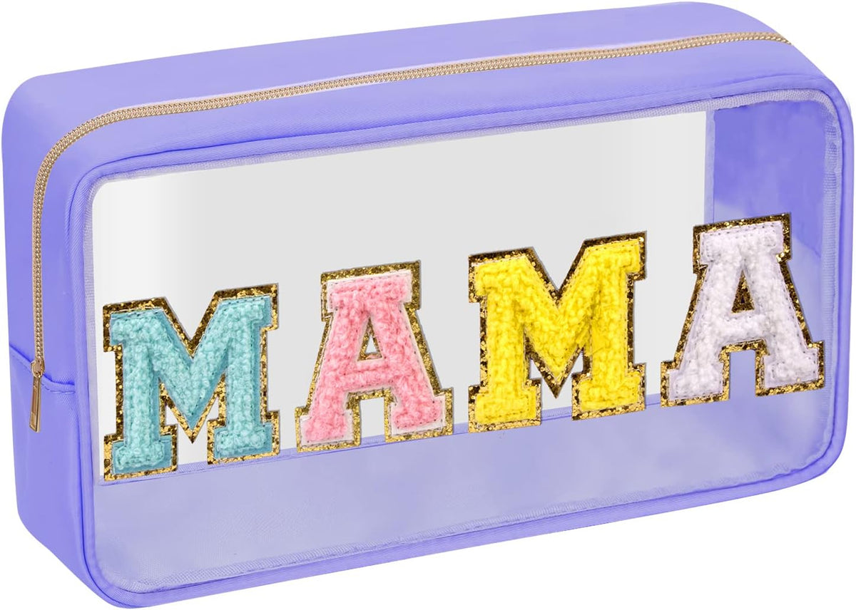 Iqimott Clear Patch Makeup Bag Mama Pouch, Preppy Personalized Chenille Letter Cosmetic Pouch for Travel, Nylon Waterproof Travel Essentials Zipper Toiletry Bags for Women Girls(MAMA, Purple)