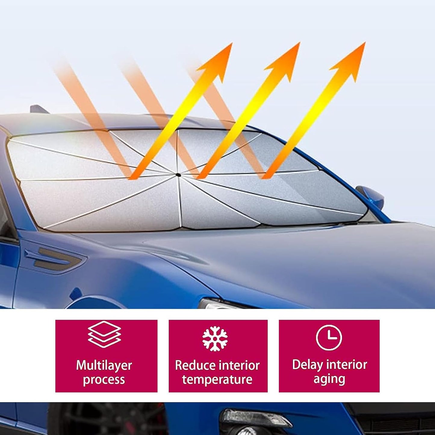 1 PC Car Windshield Sunshade, 55" x 31" Open Type Ten-Bone Anti-concave Umbrella Frame Foldable Reflective Frosted Non-Slip Handle Sunshade, Auxiliary Cooling Accessories, for Cars (Silver)