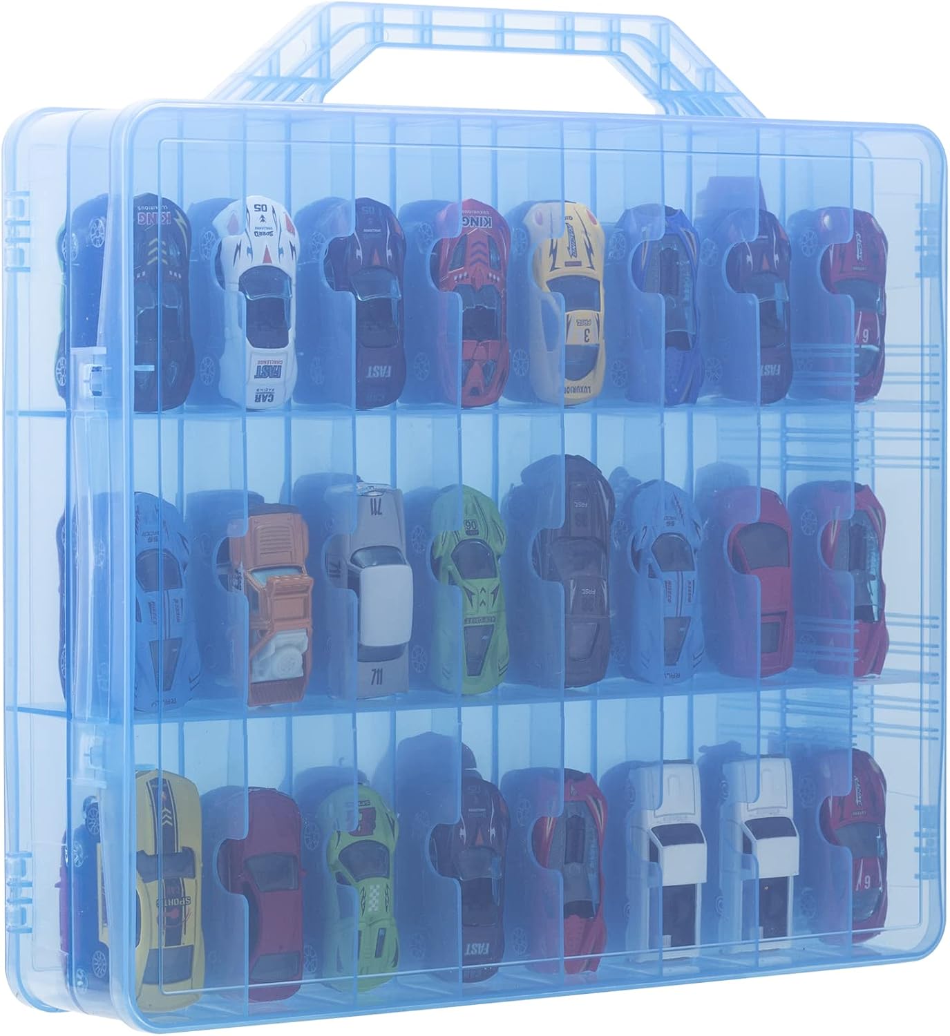 Double Sided Toy Car Storage Case for 48 Toy Cars, Matchbox Cars, Mini Toys, Small Dolls, Portable Transparent Storage Case for Toy Cars, Matchbox Cars with 48 Compartments, Case Only