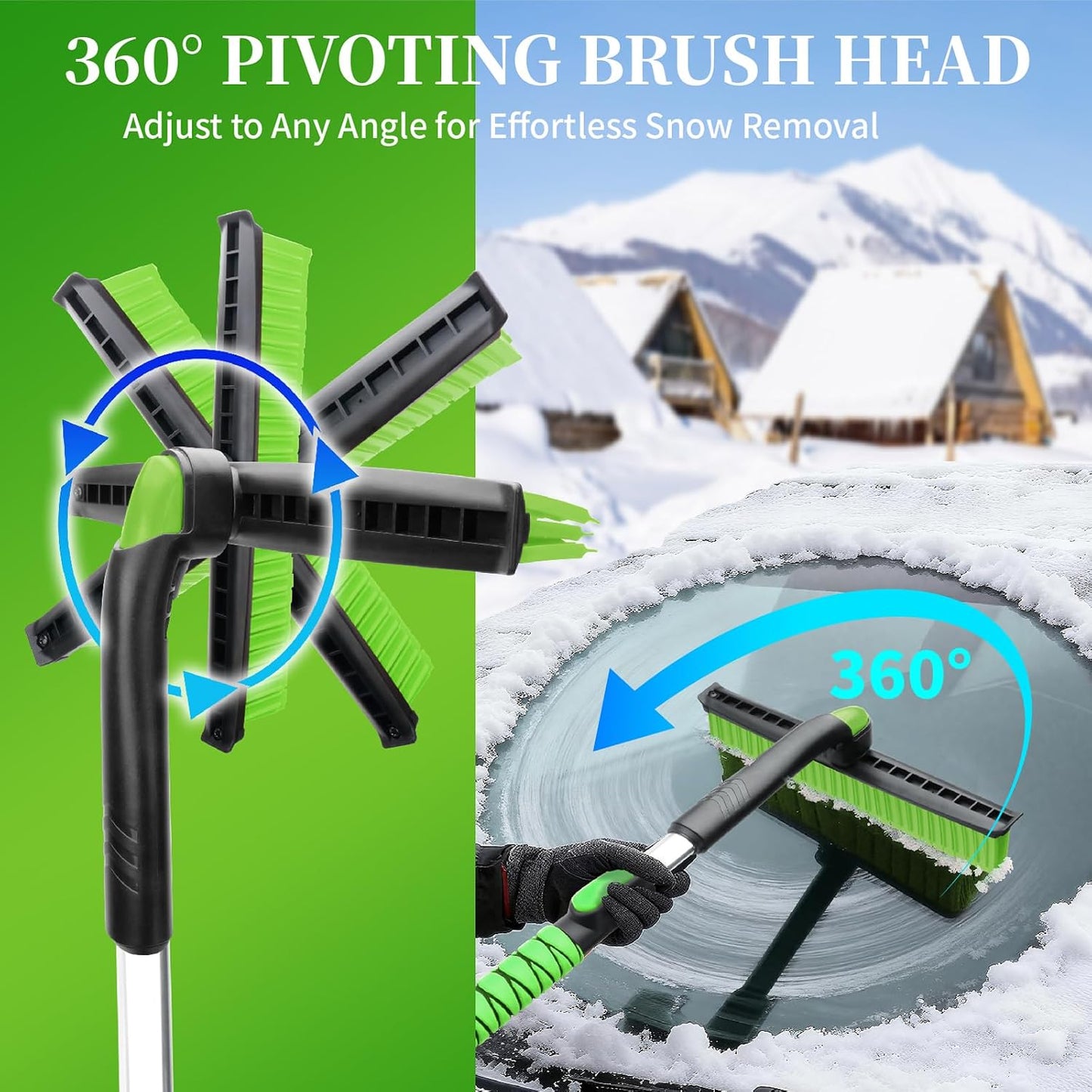 45.6" Ice Scraper and Snow Brush for Car Windshield [Silicone Bristles] ,3-in-1 Extendable Emergency Snow Shovel with Ergonomic Foam Grip and 360° Pivoting Brush Head for Christmas, Car Auto Truck SUV