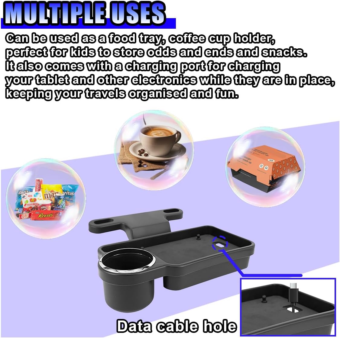 Car Cup Holder Tray, Foldable Car Backseat Organizer Food Tray for Eating, Multifunctional Detachable Headrest Drink Trays Desk for Most Vehicles Road Trips
