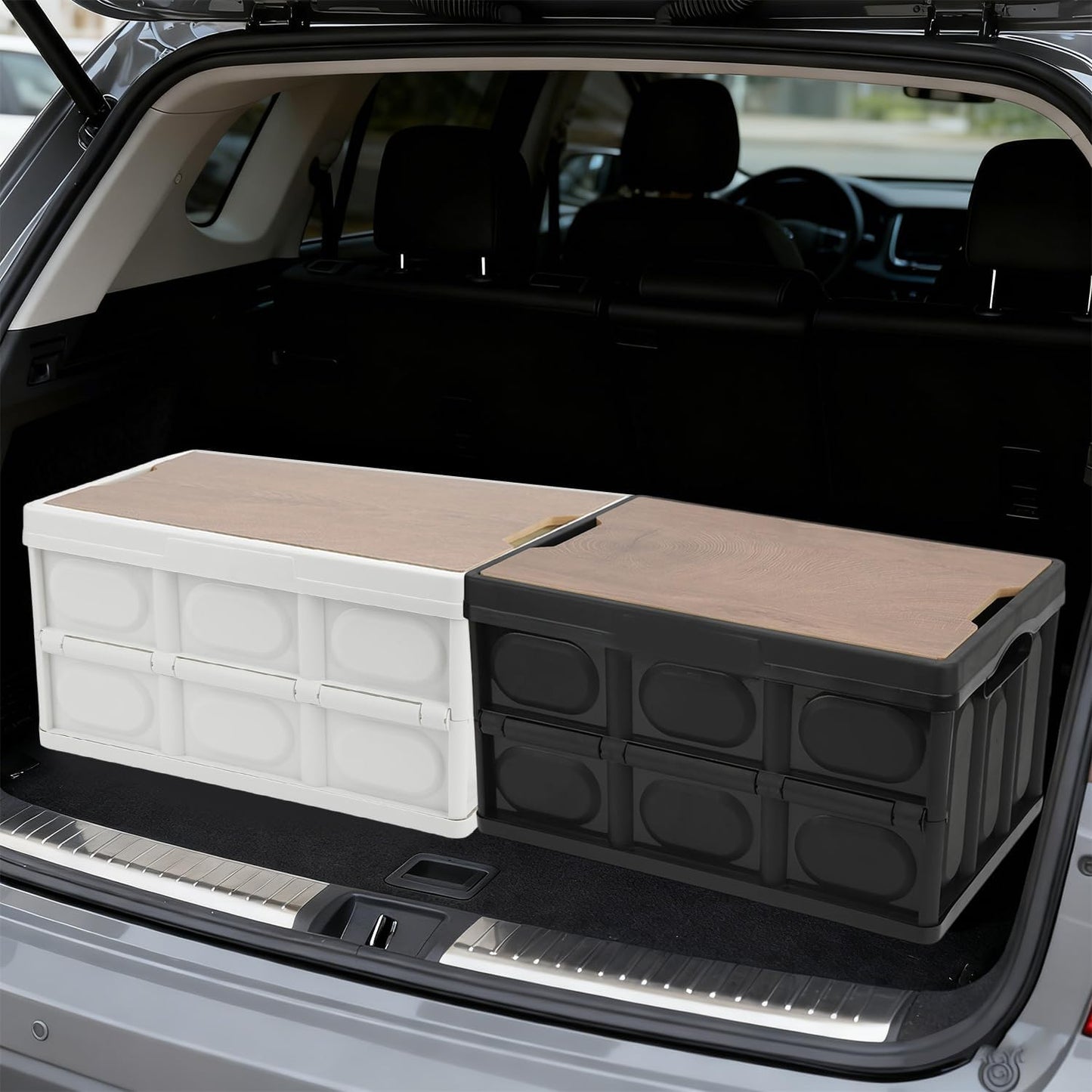 Collapsible Storage Bin with Wooden Lid | 30L/7.9Gal Folding Container | Camping & Car Organization|Home Sorting & Closet Storage|Sturdy Mdf Wood Cover|Stackable Design|16.5x11.2x9.3in(Black)