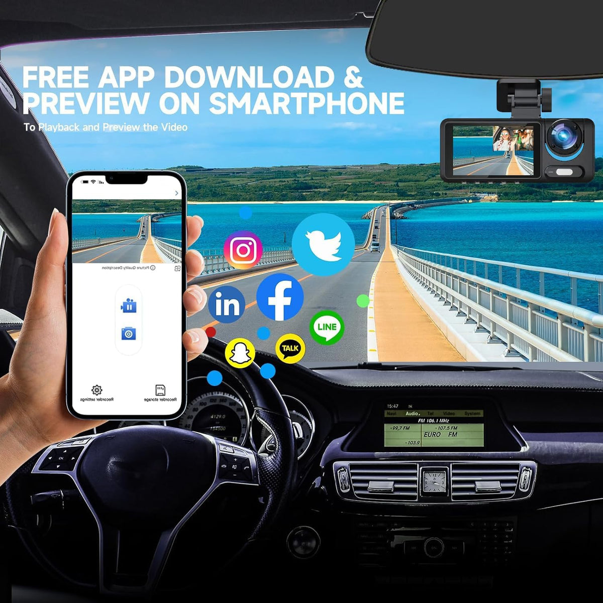 3 Channel Dash Cam Front and Rear with 64G SD Card