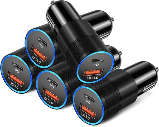 USB C Car Charger 5 Pack, 36W Dual 12V USB C & USB A Car Charger Adapter