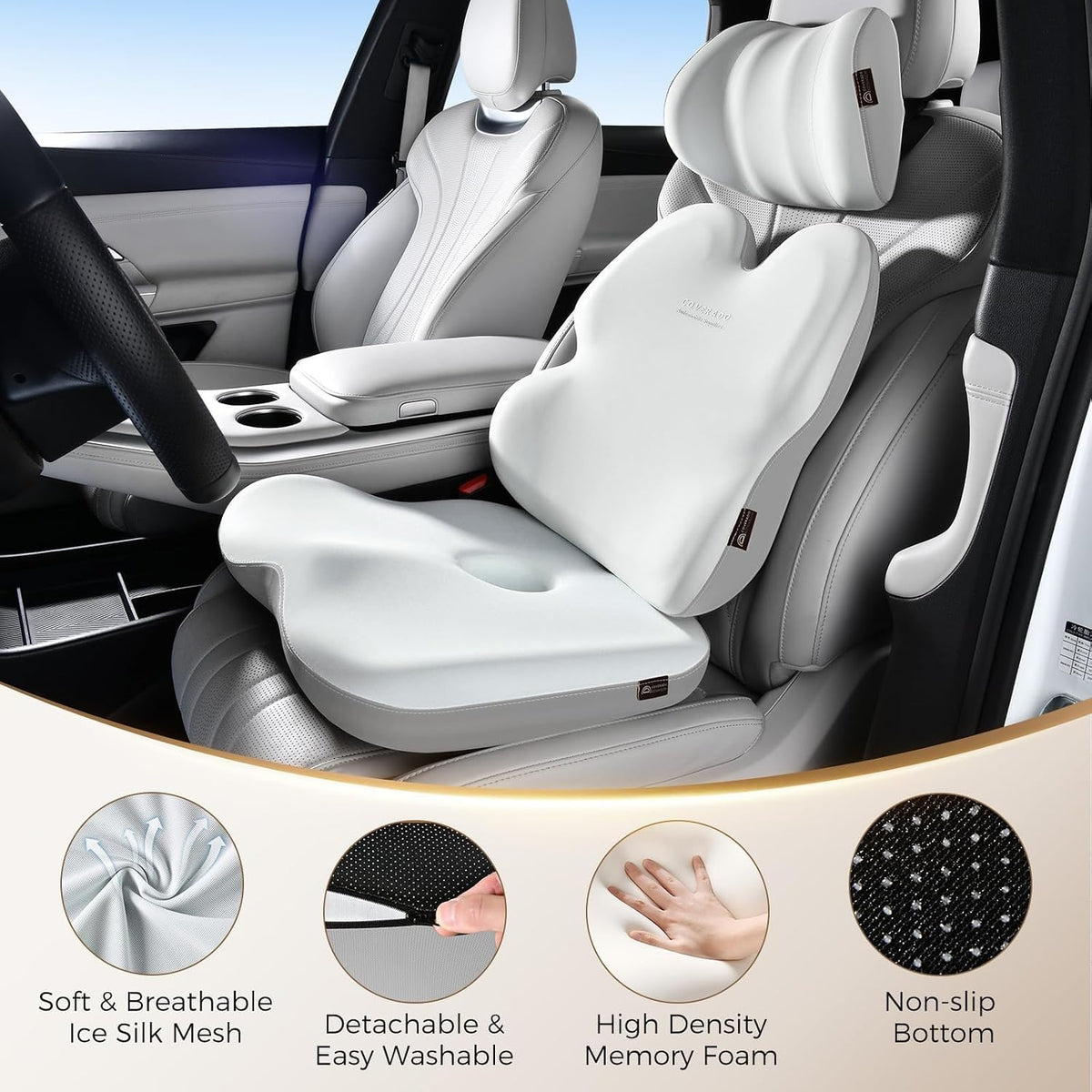 Coverado Car Seat Cushion Back Support Pillow Neck Headrest Pillow, Ergonomic Memory Foam Sciatica & Back & Tailbone Pain Relief Cushion for Office Chair Seat Cushion for Chair Gray&Light Gray