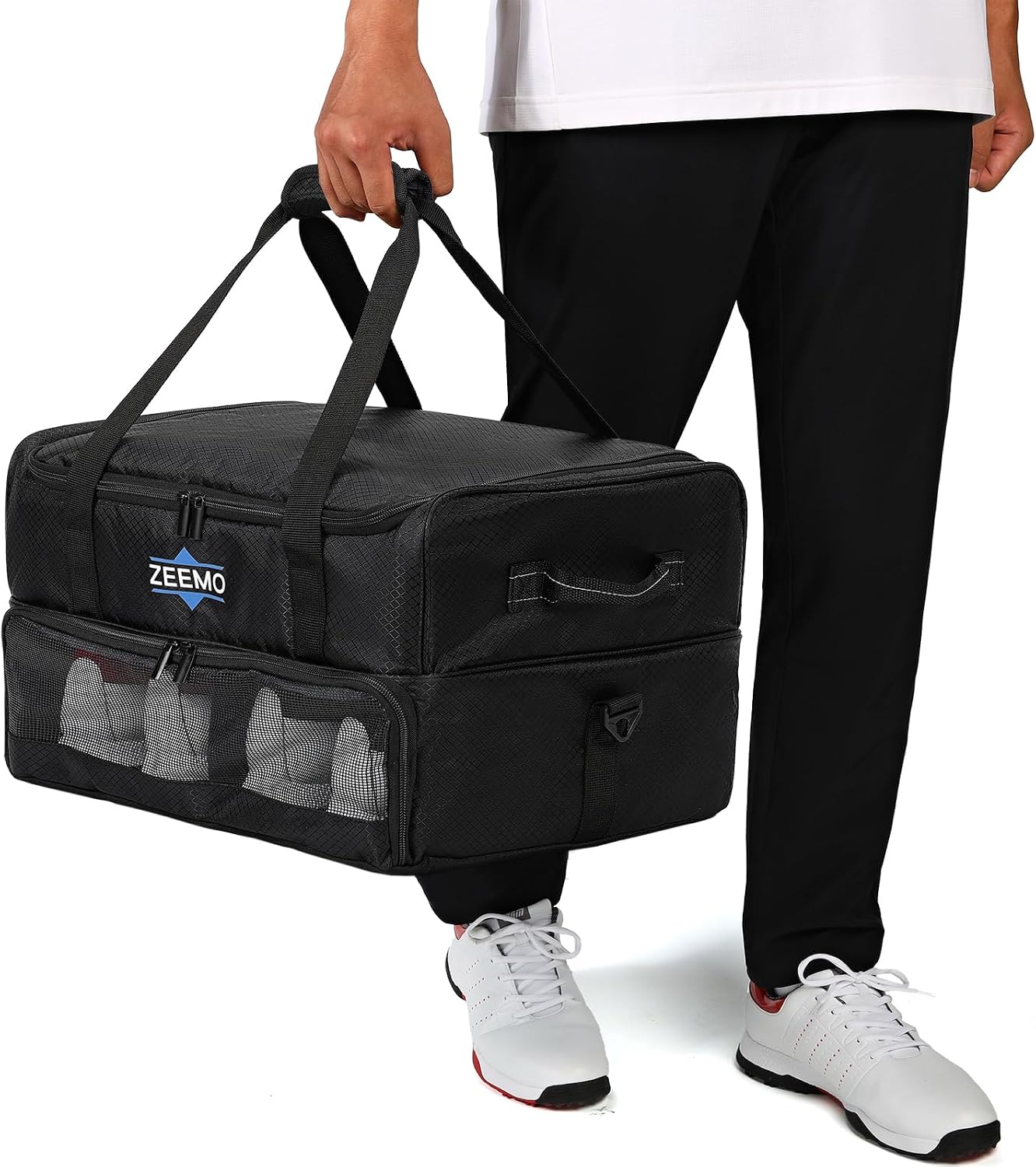 ZEEMO Golf Trunk Organizer, 2 Layer Car Locker with Ventilated Compartment for 2 Pair Shoes, Travel Storage Bag for Accessories, Black