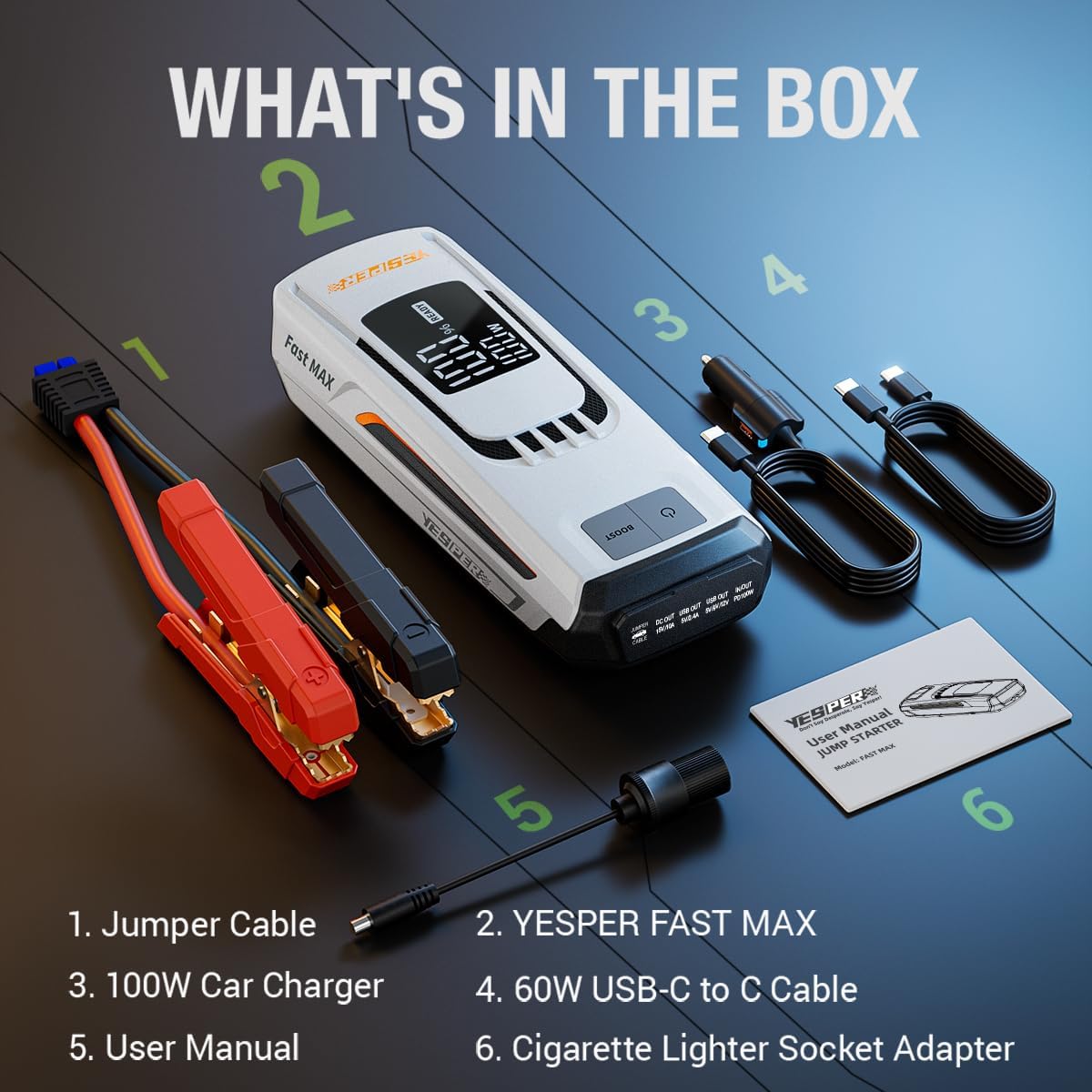 YESPER Boost Jump Starter Battery Pack 4120A 27000mAh Car Battery Charger Jumper Starter (All Gas/up to 10L Diesel) 100W Quick Charge 12V Portable Jump Box for Totally Dead Vehicle with DSLI Safe Tech