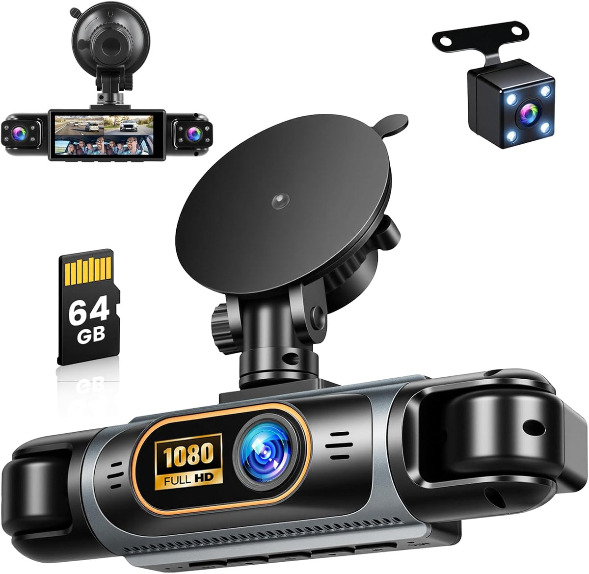 4 Channel 360° Dash Cam Front and Rear Inside, with 64GB Card