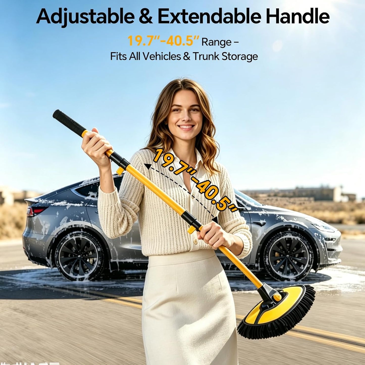 7-in-1 Car Wash Kit with 20L Folding Bucket & Brush – Car Wash Mop with Long Handle, 15° Curved Aluminum Pole for SUV Roof, Car Washing Brushes & Cleaning Supplies, RVs-Yellow.