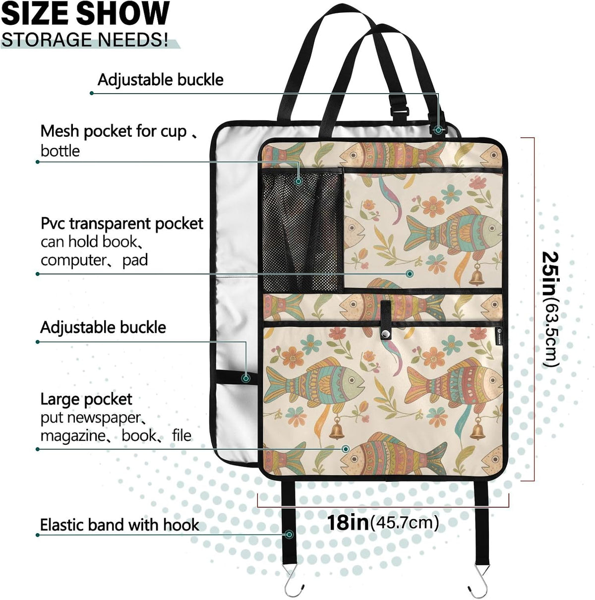 Car Back Seat Organizer with Fish Pattern, Multi-Pocket Storage Bag, Beige, Polyester, 25x18 Inch, Mesh Cup Holder, PVC Tablet Pocket, Kick Mat Protector