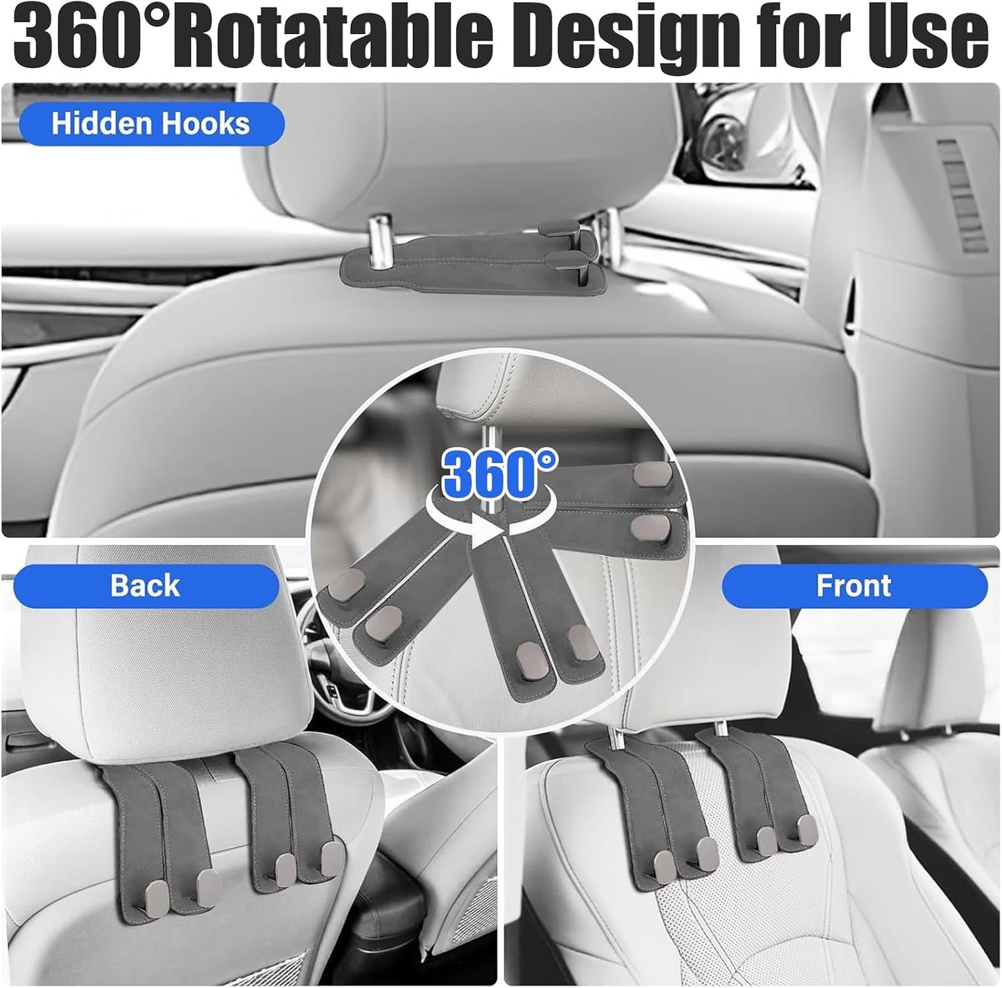 TwinHook Leather Car Headrest Hangers, Car Headrest Hooks for Purse and Bags, 2-in-1 Leather Car Seat Back Storage Hook, Anti-Slip Purse Holder for Car, Supports Up to 50 lbs (Gray-2 Pack)