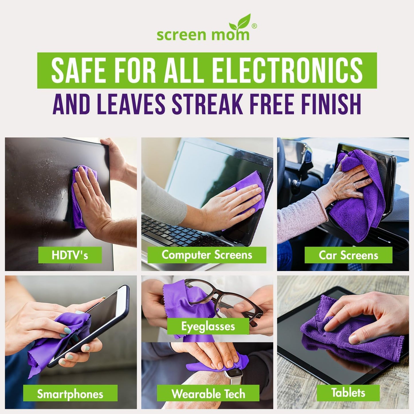 Screen Mom Screen Cleaner Spray 8oz & 2oz for TV, Car, Laptop and Computer | Streak-Free Formula, Alcohol & Ammonia Free, 4 Microfiber Cloths, Cleans TVs Phones Tablets Glass OLED, Residue-Free Cleaning