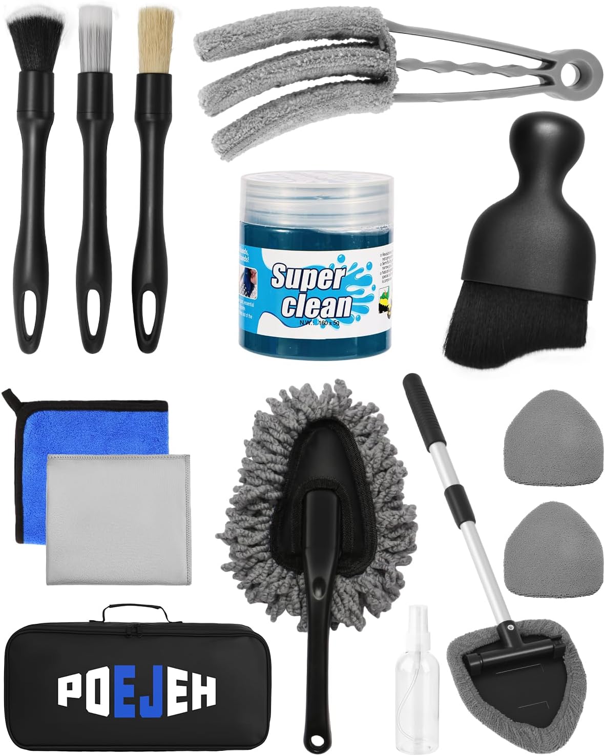 15PCS Interior Cleaning Kit Graded Boar Brush 160g Gel Swivel Glass Tool | Scratch-free vent duster microfiber pads waterproof bag, car & home dual use, practical holiday gift for car lovers
