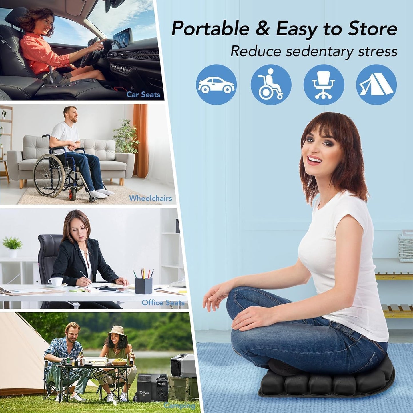 3D Air Inflatable Travel Seat Cushion for Pressure Relief Support | Comfort Cushion for Long Sitting,Car,Airplane Travel,Office Chairs & Home Living,Designed for Tailbone & Hemorrhoid Comfort