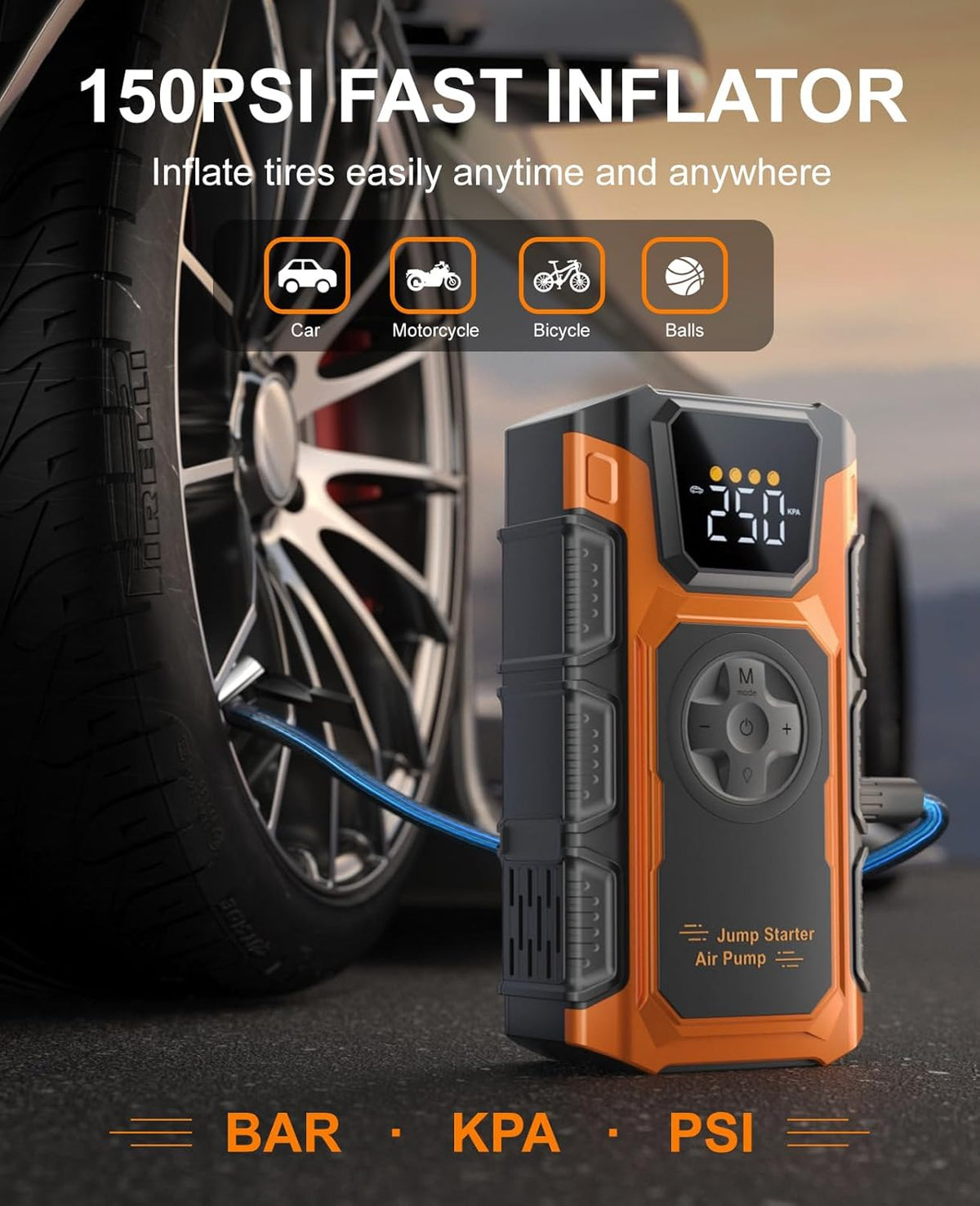 Jump Starter with Air Compressor, 6000A Car Battery Charger Power Jump Box Start 12V Vehicles(Up to 9.0L Gas&7.5L Diesel Engines) Portable Car Booster Jumper Pack Combo150 PSI Tire Inflator