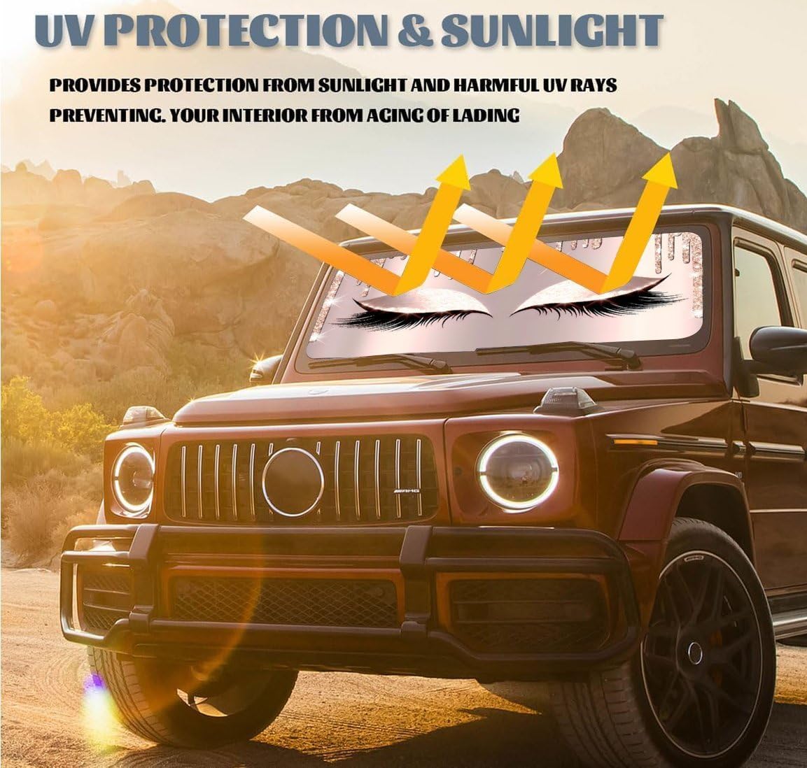 Pink Eyes Windshield Sun Shade, Foldable UV Protection Car Sunshade, Front Window Sun Visor, Cute Car Interior Accessories, Heat Insulation Sun Cover for Car SUV Truck, 59" X 31.5"