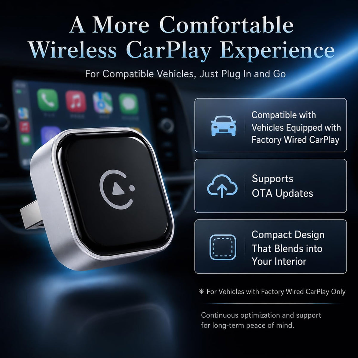 Wireless CarPlay Adapter, MiniPot Apple CarPlay Wireless Dongle for Factory Wired CarPlay Cars, Premium Matte Silver, 5GHz WiFi & Bluetooth Plug & Play Auto-Connect, No Delay