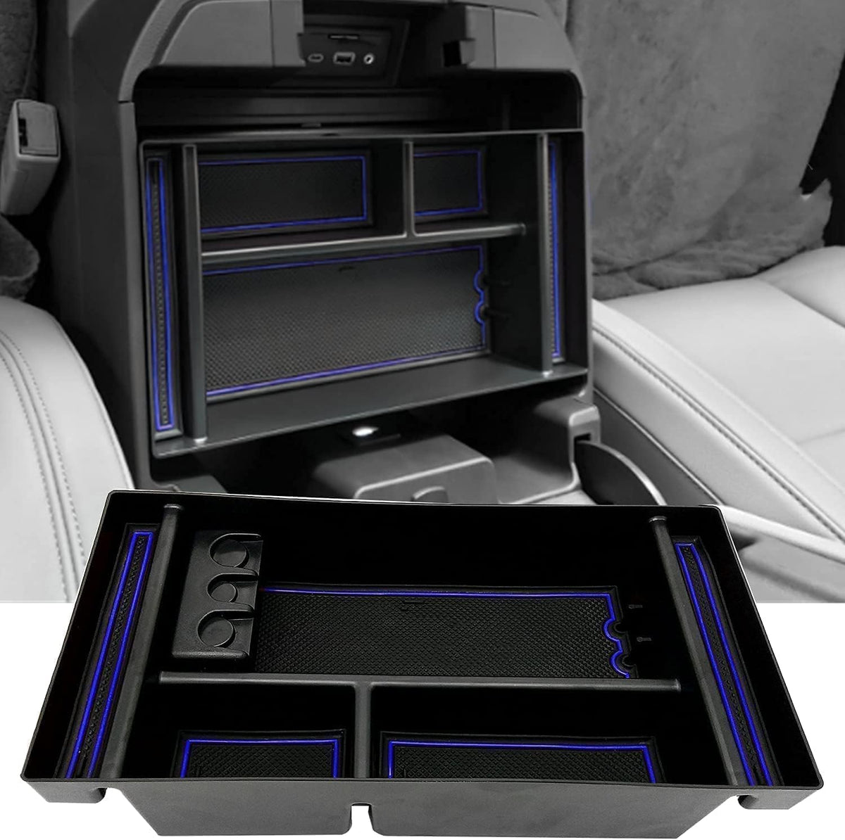 Center Console Organizer Tray fits for 2019-2022 GMC Sierra/Chevy Silverado 1500 Accessories, 2020-2021 2022 2023 Silverado/Sierra 2500 HD/3500 HD (Half-size, Blue)