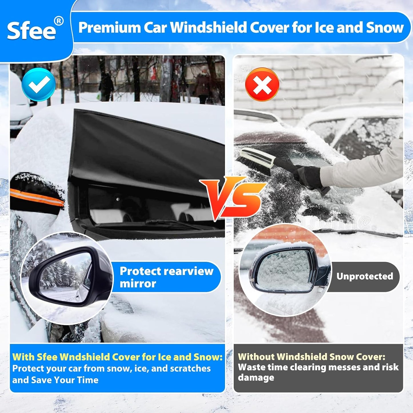 Sfee Windshield Cover for Ice and Snow,Heavy-Duty 600D Waterproof Windshield Snow Cover With 2 Mirror Covers, All-Weather Magnetic Frost Guard Winter Car Snow Cover Fit Car, Truck, Suv,Van (77" X 47")