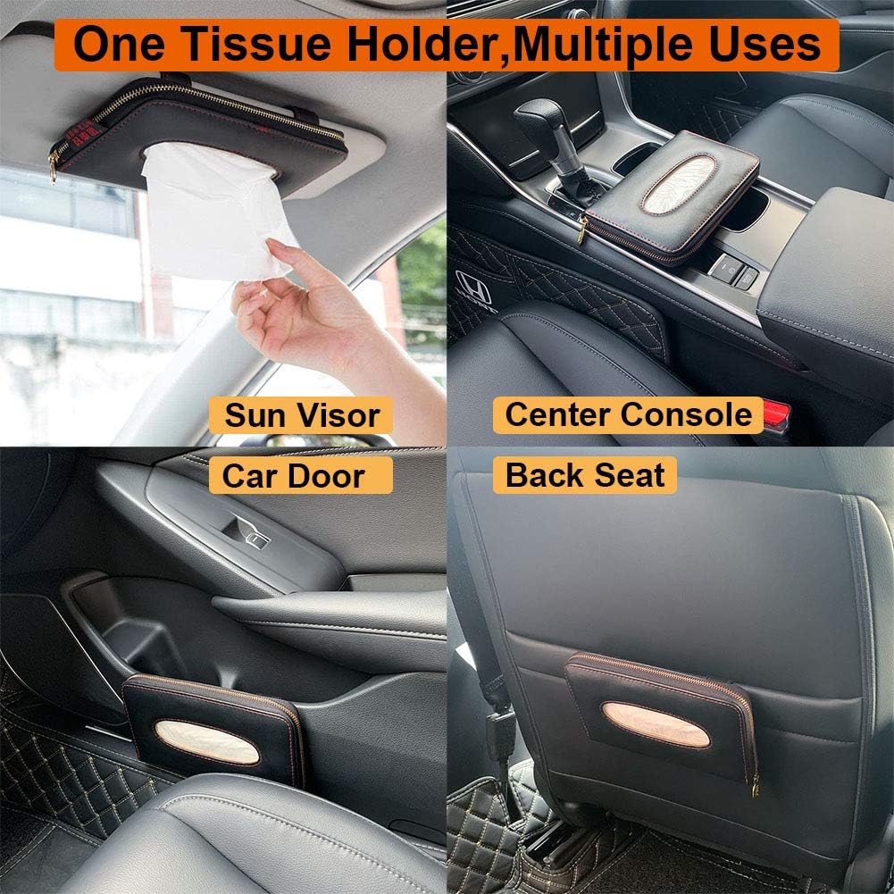 Car Tissue Holder - Sun Visor Napkin Holder, PU Leather Backseat Tissue Case with Zipper (Black)