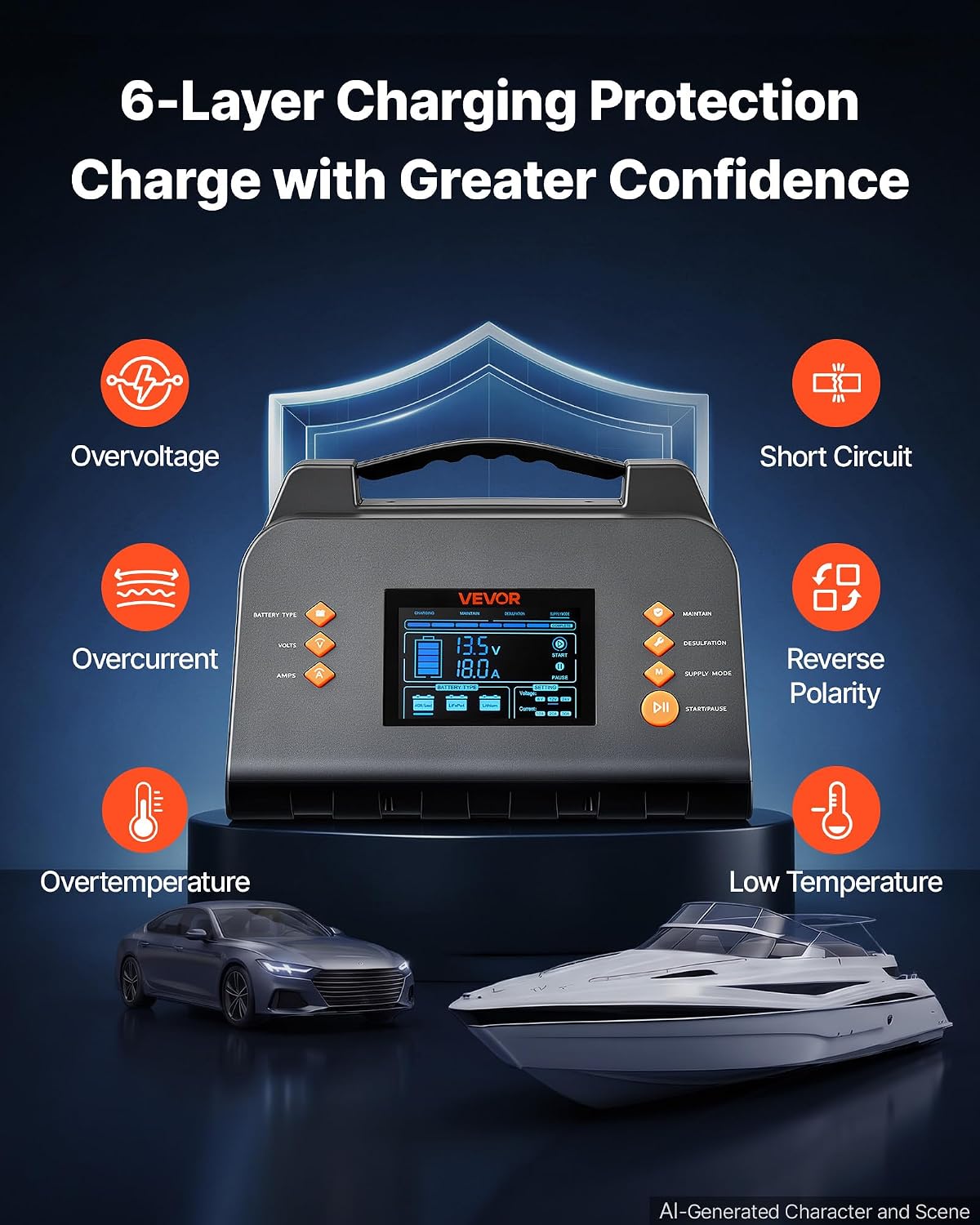 VEVOR Smart Battery Charger 30A 6V 12V 24V for Lithium LiFePO4 Lead-Acid