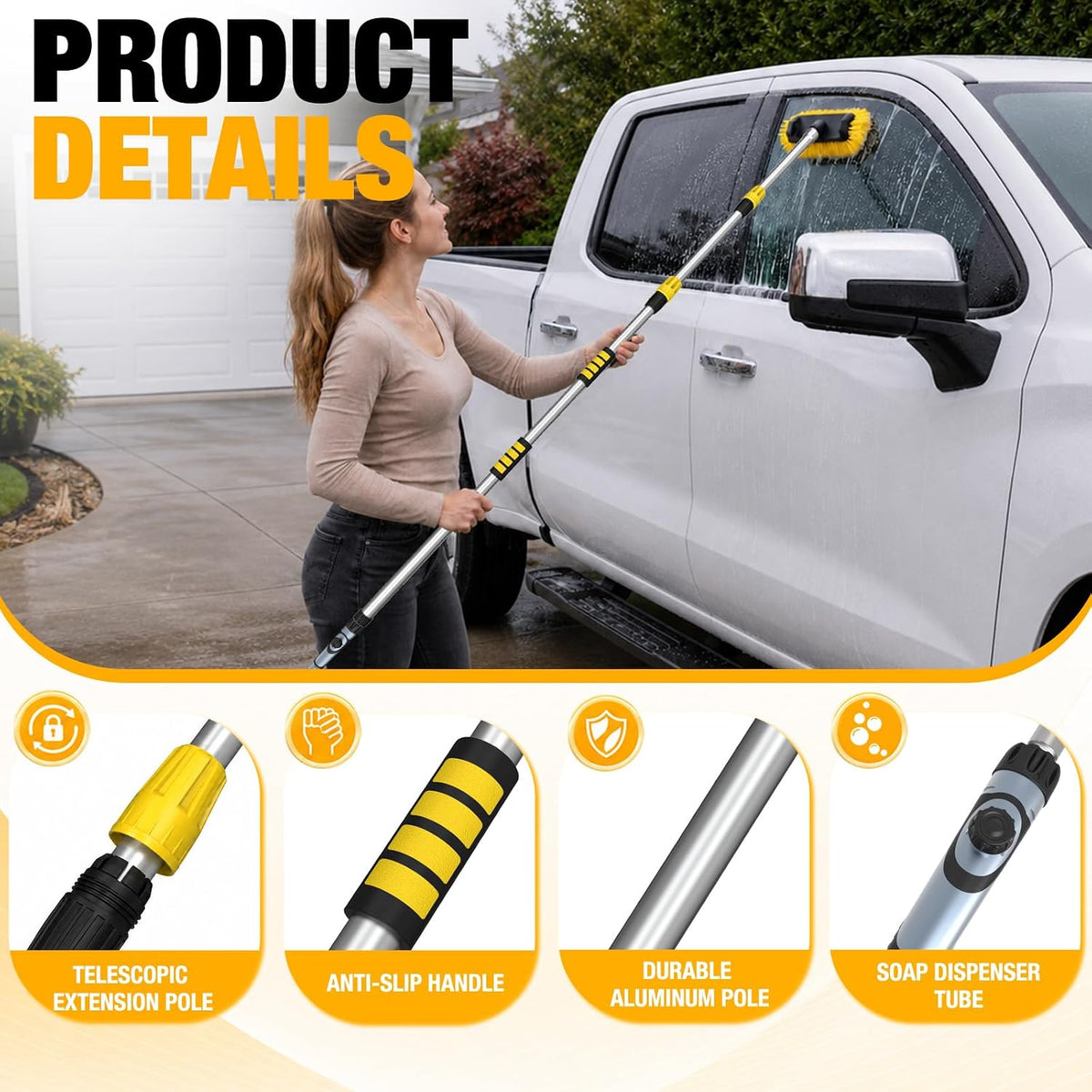 LAANPOLE 12FT Car Wash Brush with Long Handle, Car Cleaning Brush with 12 Inch Soft Bristle and Soap Dispenser, Solar Panels Cleaner with Telescoping Pole for RV, Truck, Boat, House Siding, Yellow