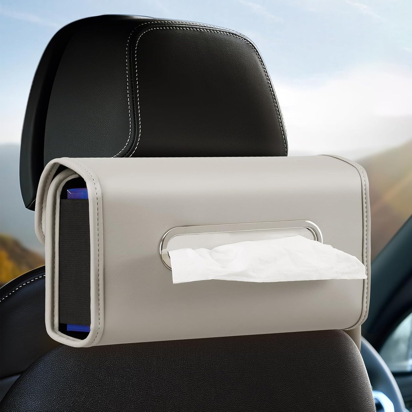 Car Tissue Holder, WHHMK Tissue Box Cover Keep Car Tidy, PU Leather Backseat Napkin Rectangle Organizer, Extra Large Tissue Box Storage in Auto Fits for 100-150 Regular Size Tissues,Grey(1 Pack)