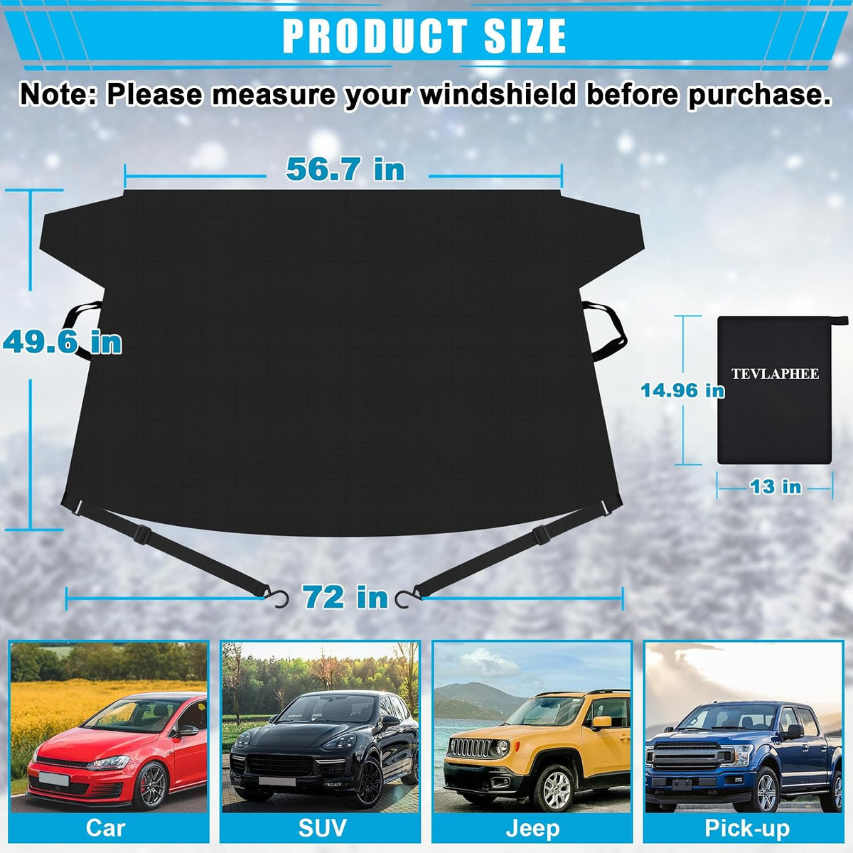 Tevlaphee Windshield Cover for Ice and Snow, 5 Magnets, Mirror Covers