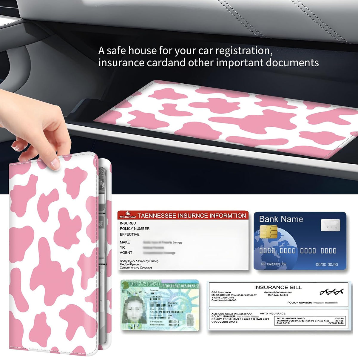 Premium Car Registration and Insurance Card Holder, Cute PU Leather Car Document Holder, Vehicle Glove Box Car Organizer with Magnetic Closure for Driver License, Cards Pink Cow Print