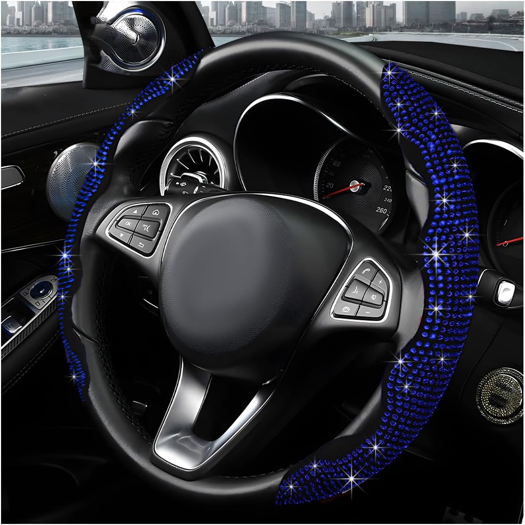 2PCS Steering Wheel Cover, Sparkling Rhinestone Segmented Steering Wheel Protector Fit 14-15.6 Inch, Non-Slip Wheel Wrap Cover Bling Car Interior Accessories for Women Girls (Blue)