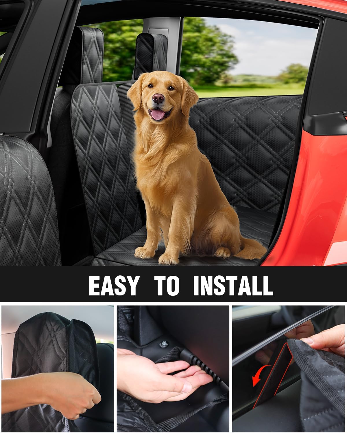Dog Car Seat Cover for Back Seat Compatible with 2020-2026 Tesla Model Y — Hard Bottom Pet Travel Hammock with Seat Extender, Waterproof Backseat Dog Cover with Door &amp; Headrest Protectors