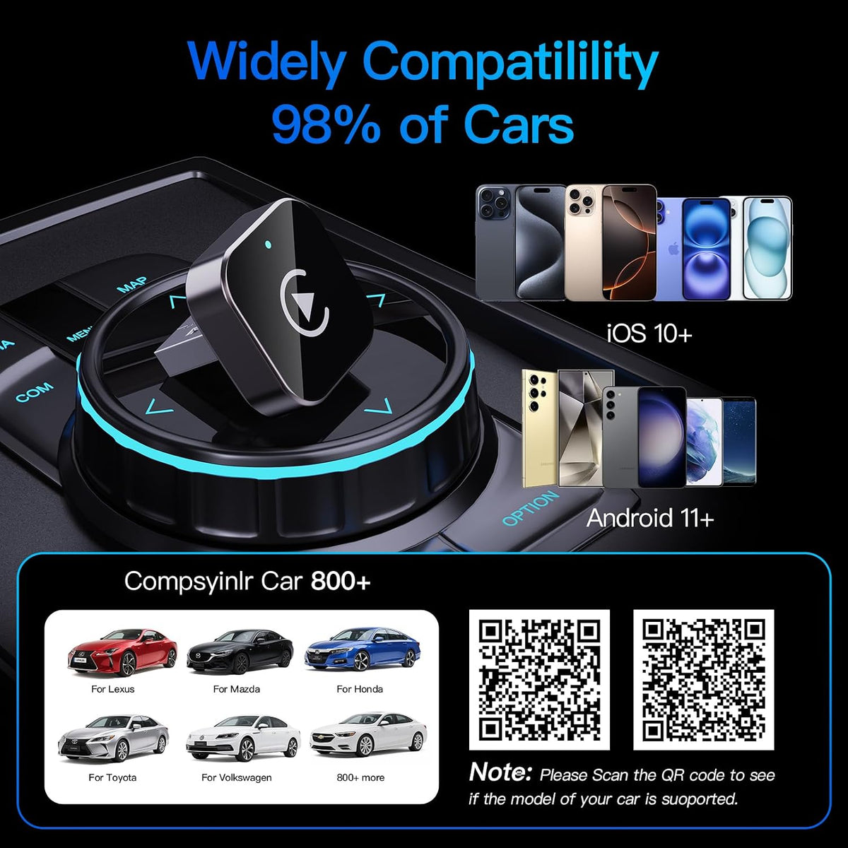 (2026 Upgraded) 2 in 1 Wireless CarPlay Adapter for Apple iPhone＆Android