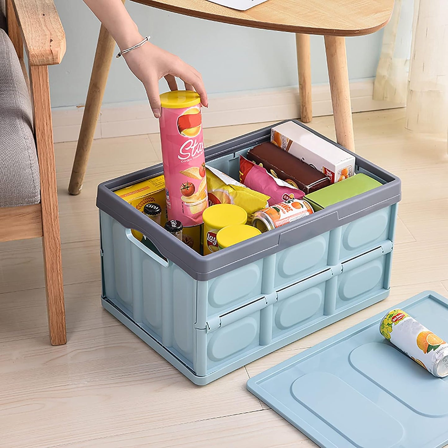 Phyllia Foldable Storage Boxes with Lidsz, 3 Pack Collapsible Plastic Storage Bins Organizer Containers Baskets Cub with Cover,Stackable Utility Crates Storage Box (Blue, 30L)