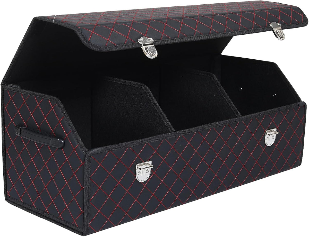 Trunk Organizer with Lid for Car Foldable Storage Box Heavy Duty PU Leather Cargo Organizer for SUV Sedan Waterproof (Black, Large)