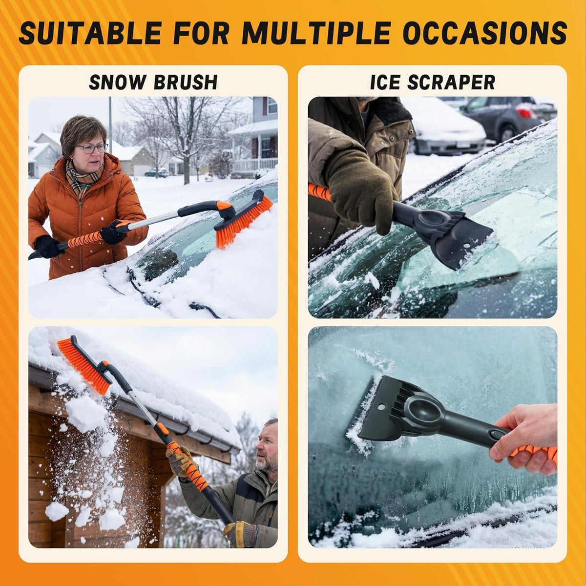 2-in-1 Snow Brush for Car with Ice Scraper Extendable & Removable 360° Pivoting Brush Head, EVA Foam Grip for SUV, Trucks, Auto