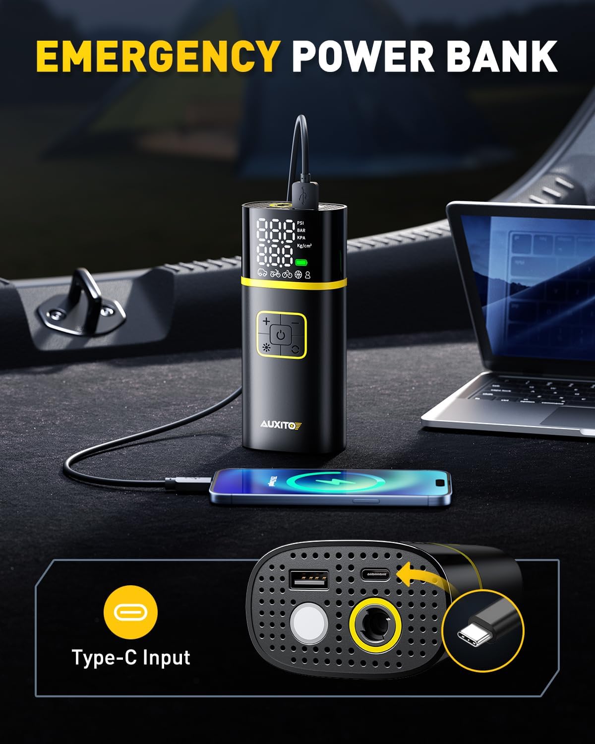 AUXITO Tire Inflator Portable Air Compressor - 150PSI Bike Pump 1Min Fast Inflate with Tire Pressure Gauge, 5200 mAh, LED Light, Car Accessories Air Pump for Auto, Moto, Bike Car Gifts for Men