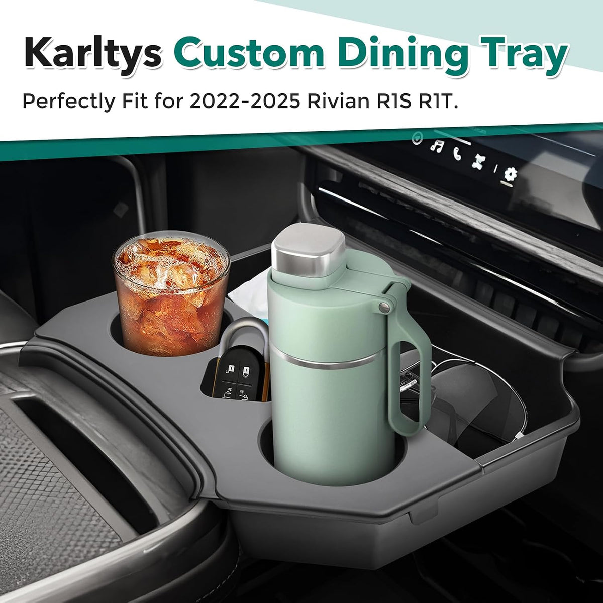 Karltys 2 in 1 Center Console Organizer Dining Tray with Cup Holder for Rivian R1S R1T Accessories 2022-2025 2026, 2 Layer Storage Box with Detachable Drink Holder & Anti-Slip Silicone Mat