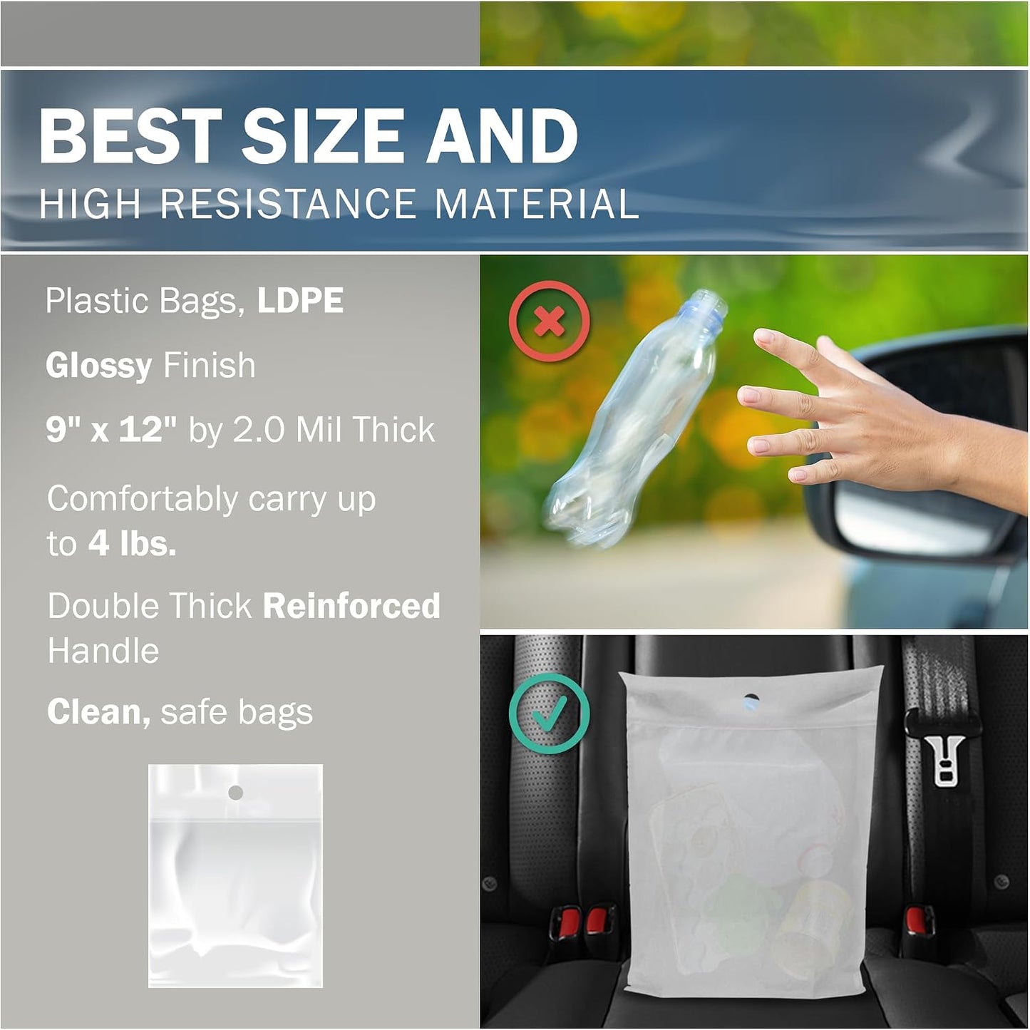9x12 White Disposable Car Trash Bags, Leak-proof, Small Size, 50 Pack, 2 Mil Thick, with Die-Cut Handles by PPB