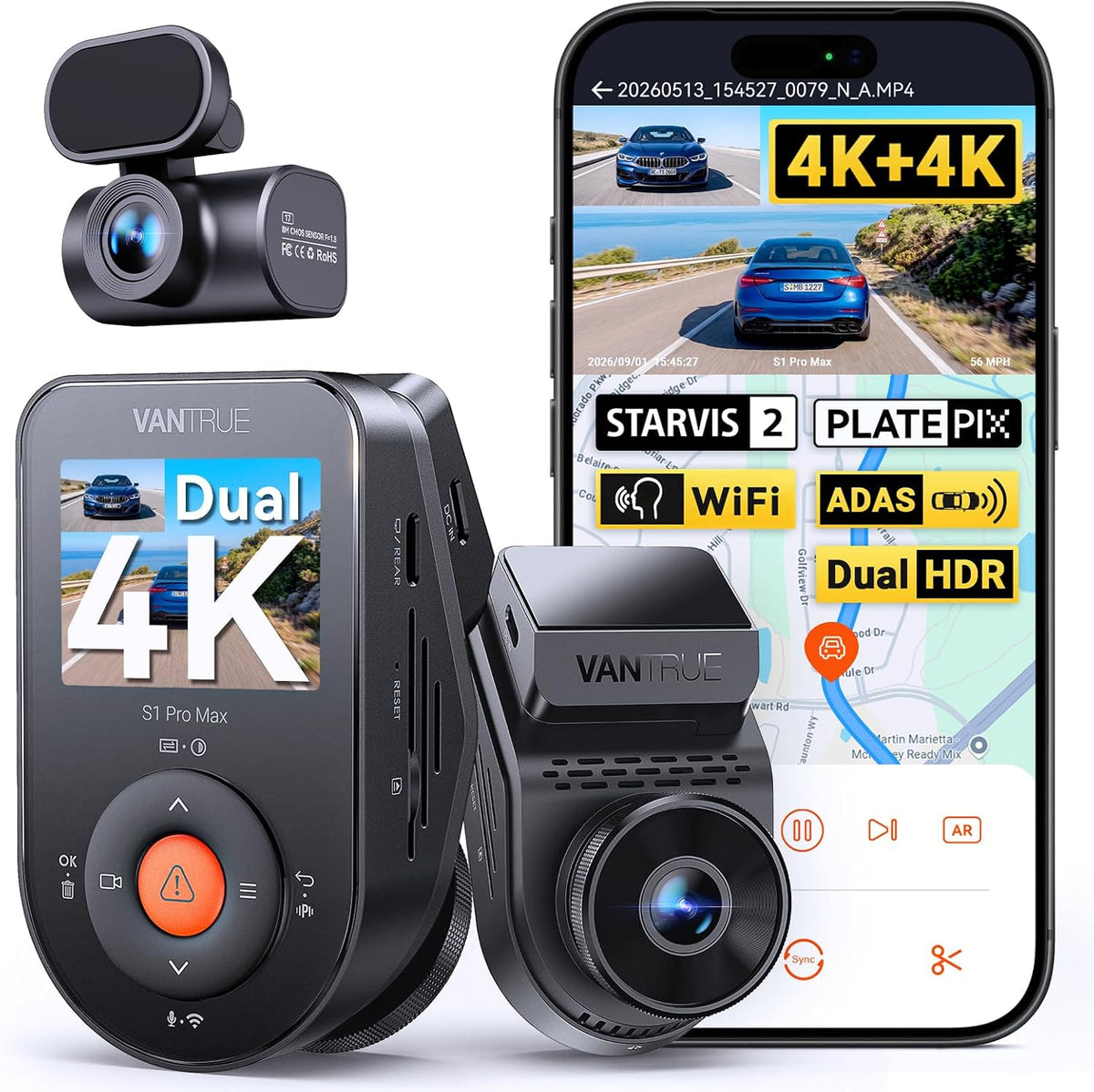 Vantrue S1 Pro Max New Dual 4K Dash Cam, 4K Front + 4K Rear Dash Camera, Dual STARVIS 2 IMX678 & Dual HDR, PlatePix Night Vision Car Dashcam, Voice/App Control, 5G WiFi GPS, G-Sensor, Parking Mode