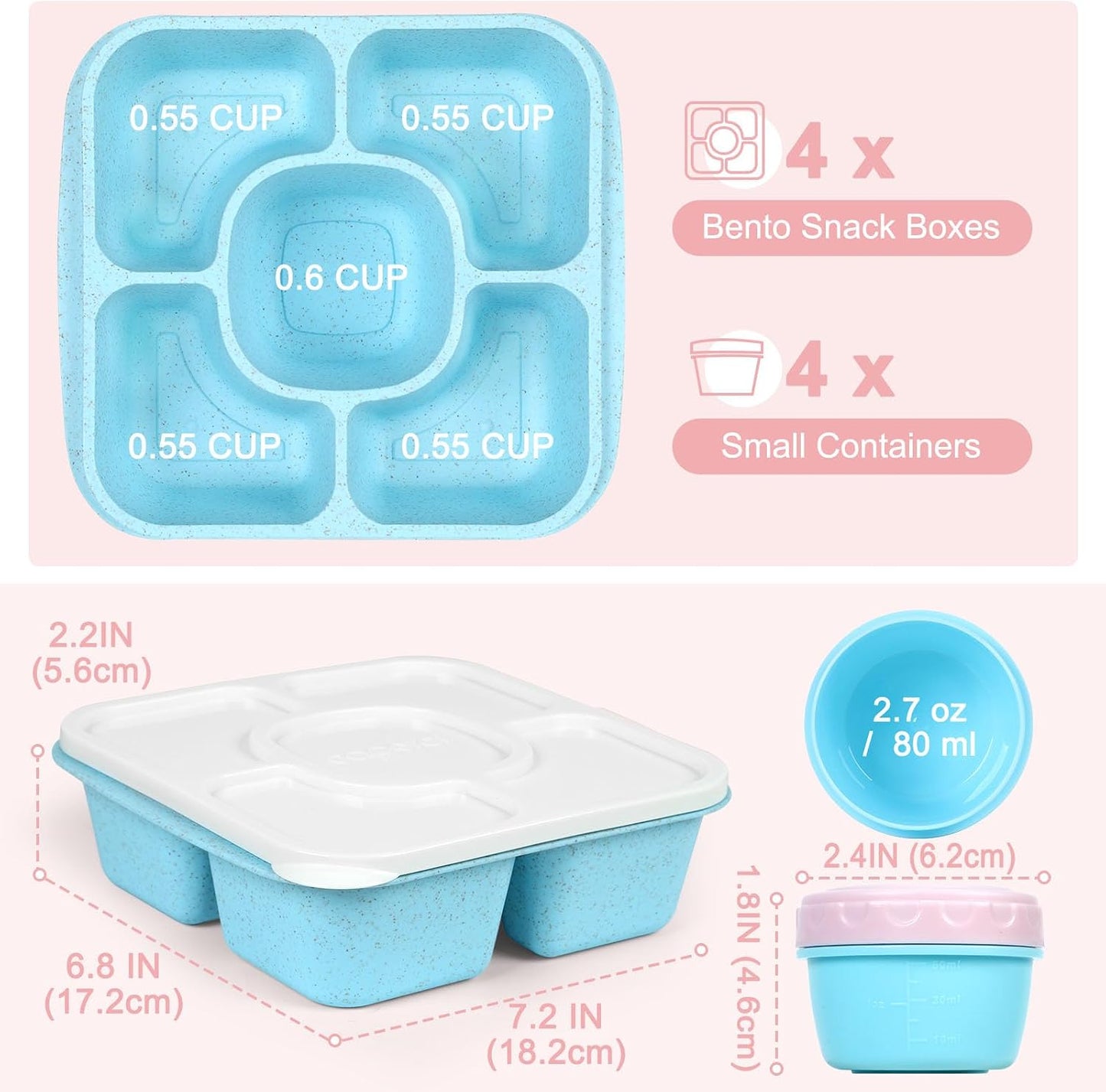 Caperci Original Lunchable Snack Containers for Kids & Adults - 5 Compartments Bento Snack Boxes with 4 Leakproof Small Containers, Wheat Straw, BPA-Free, Set of 4 (Vintage Colors)