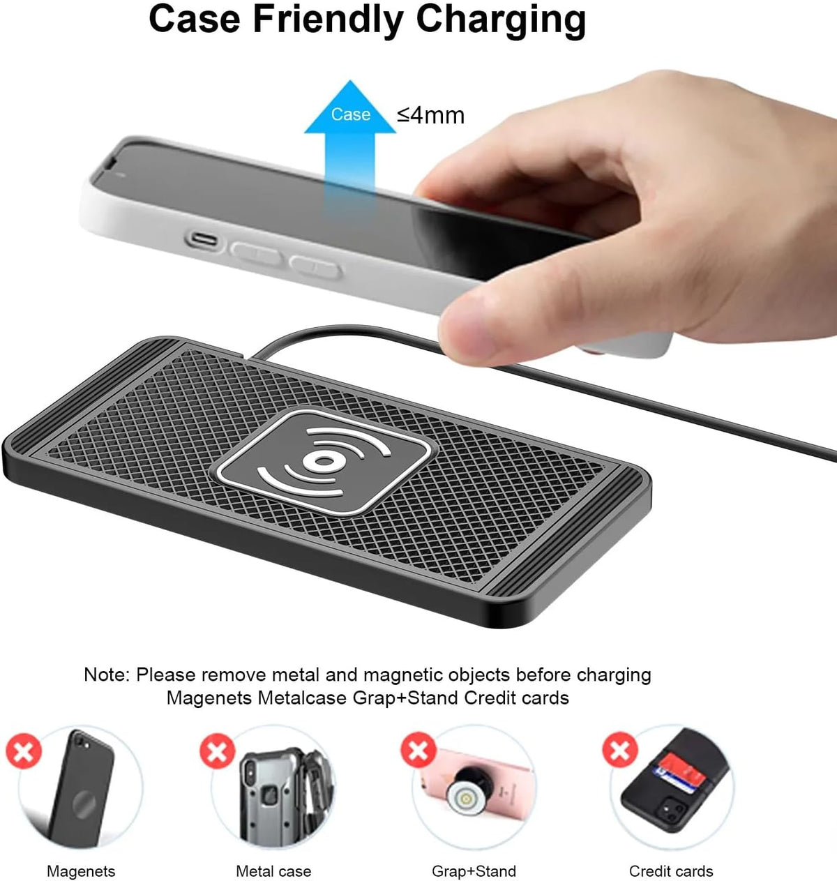 Wireless Charger Car Charging Pad 15W Fast Car Wireless Charger Pad, 15W Fast Charging, Anti-Slip, Universal Qi Compatible with iPhone and Wireless Charging Phones, Black(USB-C)