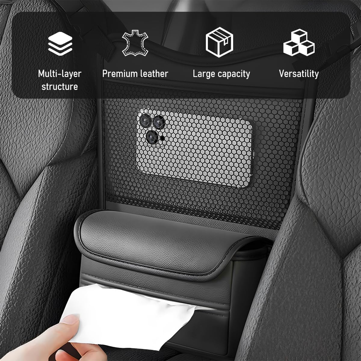 Car Organizer Storage Between Seats, Nappa Leather Front Seat Storage Bag with Tissue Holder, Automotive Console Hanging Net Pocket Handbag Holder for Phone Document (Gray)