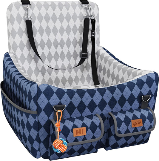 Dog Car Seat for Small/Medium Dogs up to 35lbs, 4-Pocket Storage Memory Foam Dog Booster Seat, Detachable Washable Pet Car Seat with Safety Belt, Outdoor & Indoor Use (Blue/Grey)