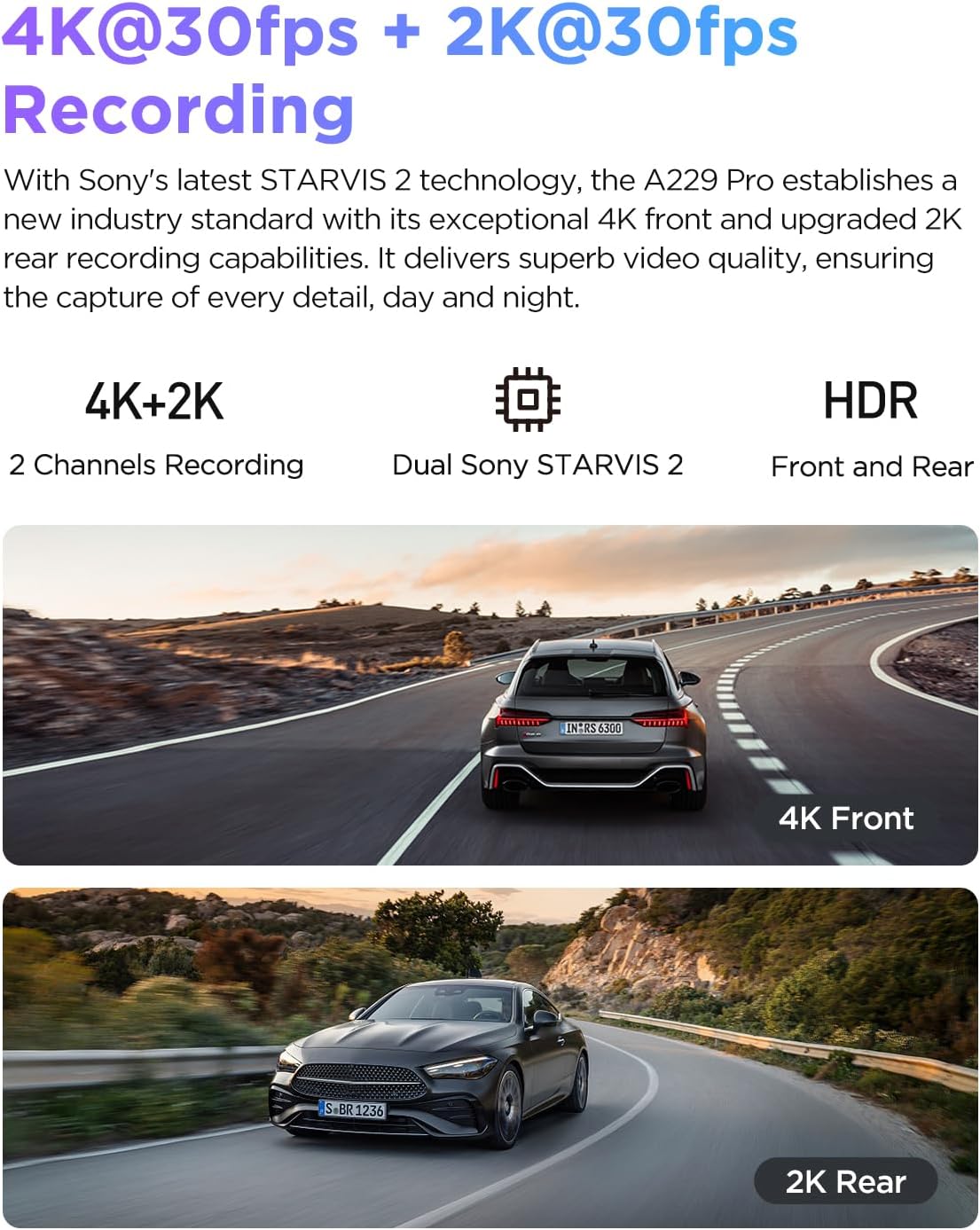 VIOFO A229 Pro 4K HDR Dash Cam Front and Rear, Dual STARVIS 2 Sensors