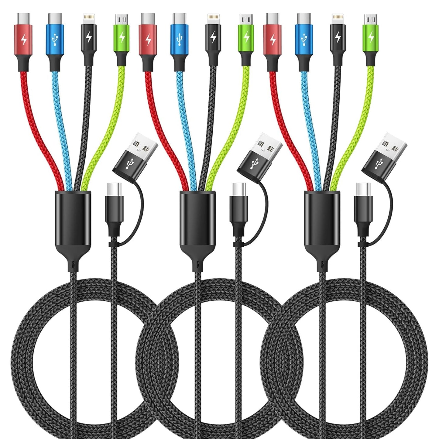 Travel Essentials 4 in 2 Multi Charging Cable [3Pack 5FT], Car Accessories Charging Cable, Chargers for Multiple Devices ith IP/Type C/Type C/Micro, Compatible with Most Phones/Tablets and More